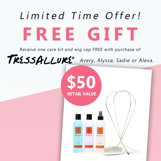 Promotional graphic offering a limited-time free gift with a $50 retail value from tressallure, including a wig care kit—an example of an incentive-based strategy med spas can replicate when learning how to attract new clients using added value offers.