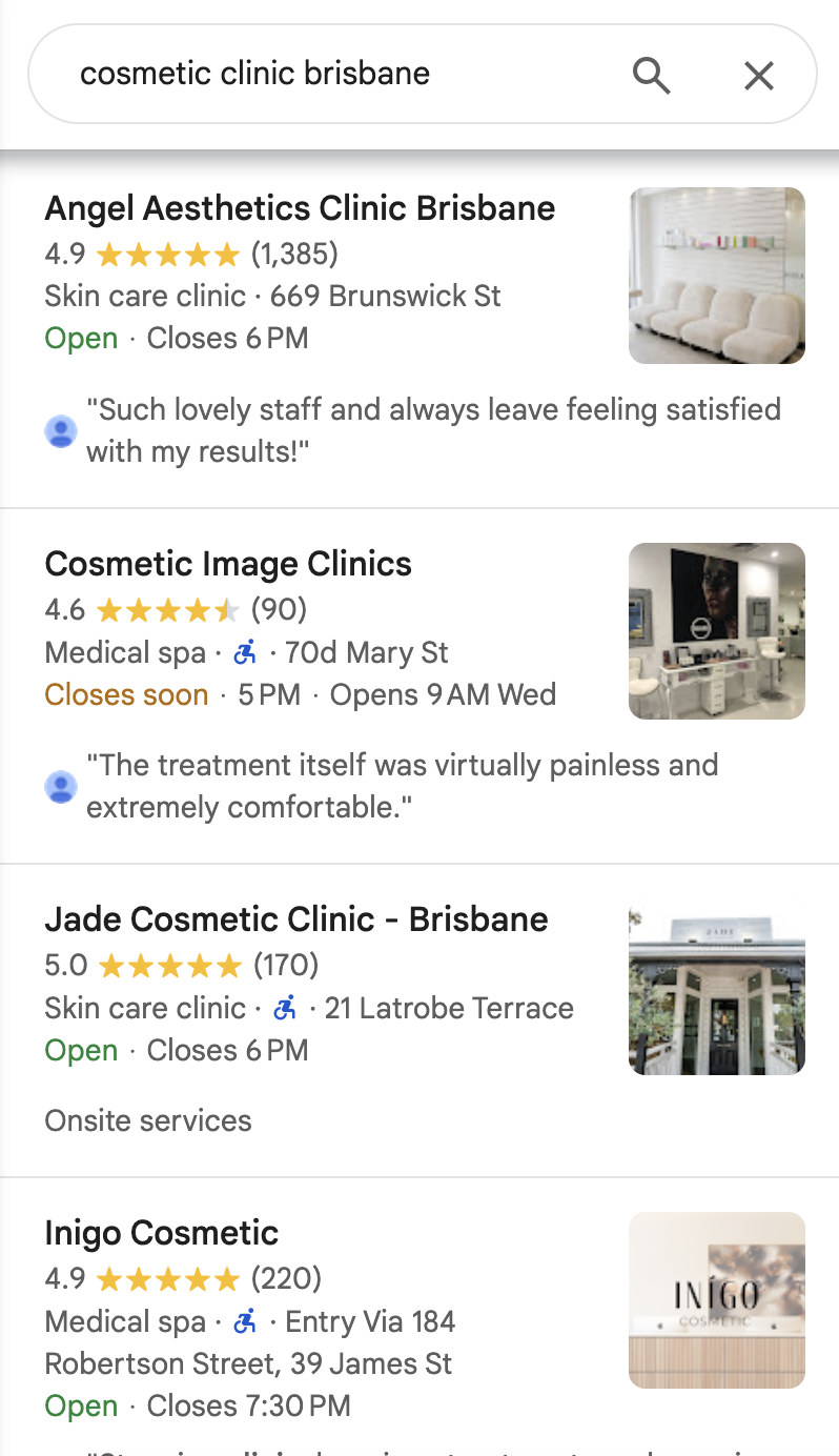 Google search results for ‘cosmetic clinic brisbane’ showing top-rated medspas including angel aesthetics clinic, cosmetic image clinics, jade cosmetic clinic, and inigo cosmetic, highlighting online reviews and business details—demonstrating local seo strategies on how to market a medspa effectively.